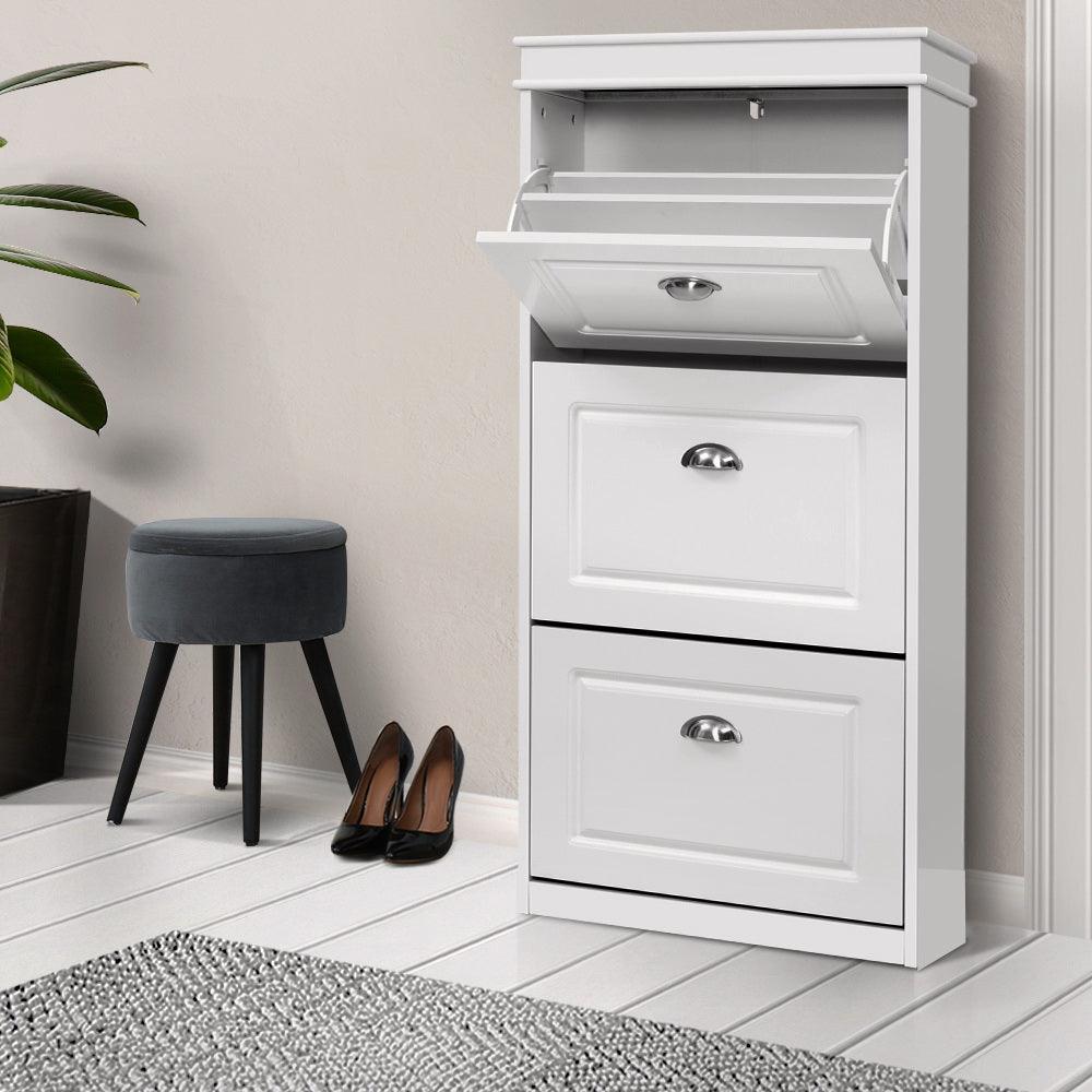 Buy Artiss Shoe Cabinet 18 Pairs 3-tier White Sena discounted | Products On Sale Australia
