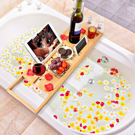 Buy Bamboo Bathtub Bath tub Tray Table Caddy Tray Cellphone,Book,Tray Wineglass Holder discounted | Products On Sale Australia