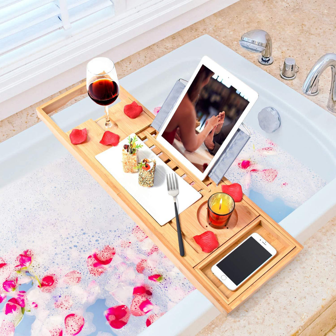 Buy Bamboo Bathtub Bath tub Tray Table Caddy Tray Cellphone,Book,Tray Wineglass Holder discounted | Products On Sale Australia