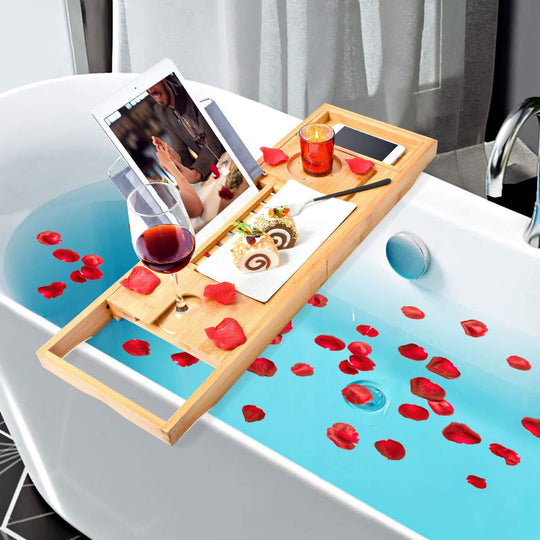 Buy Bamboo Bathtub Bath tub Tray Table Caddy Tray Cellphone,Book,Tray Wineglass Holder discounted | Products On Sale Australia