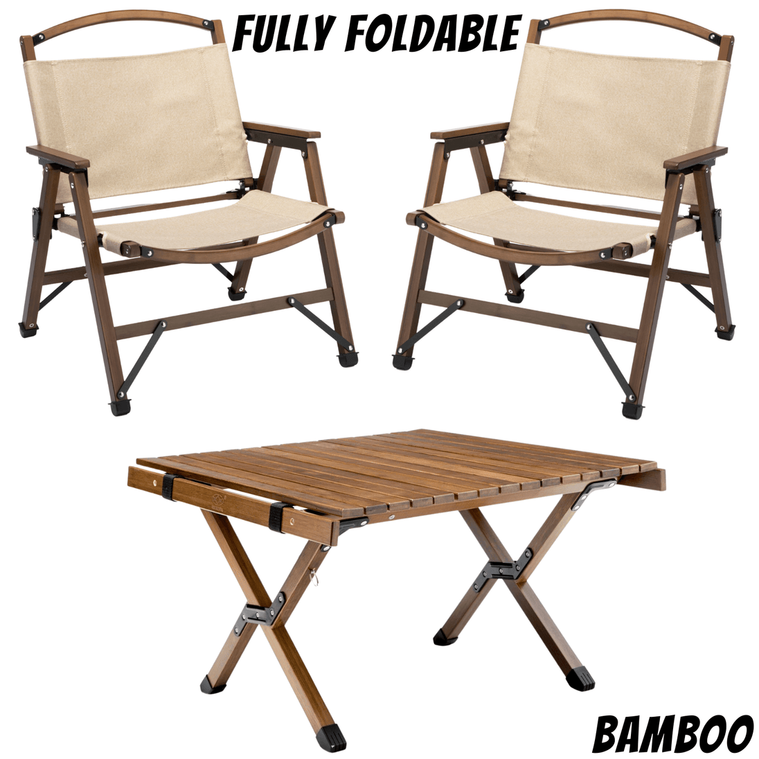 Buy Bamboo Foldable Camping Table + 2 Chairs Waterproof Wood Wooden Travel Set Kit discounted | Products On Sale Australia