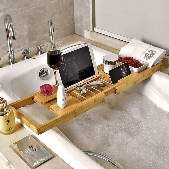 Buy Bathroom Bamboo Bath Caddy Wine Glass Holder Table Tray Bathtub Rack Soap Shelf discounted | Products On Sale Australia