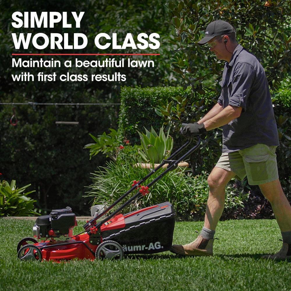 Buy Baumr-AG Lawn Mower 139CC 17 Petrol Push Lawnmower 4-Stroke Engine Catch discounted | Products On Sale Australia