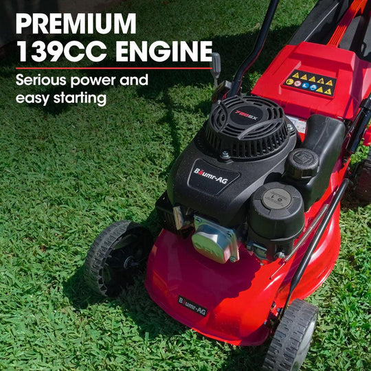 Buy Baumr-AG Lawn Mower 139CC 17 Petrol Push Lawnmower 4-Stroke Engine Catch discounted | Products On Sale Australia