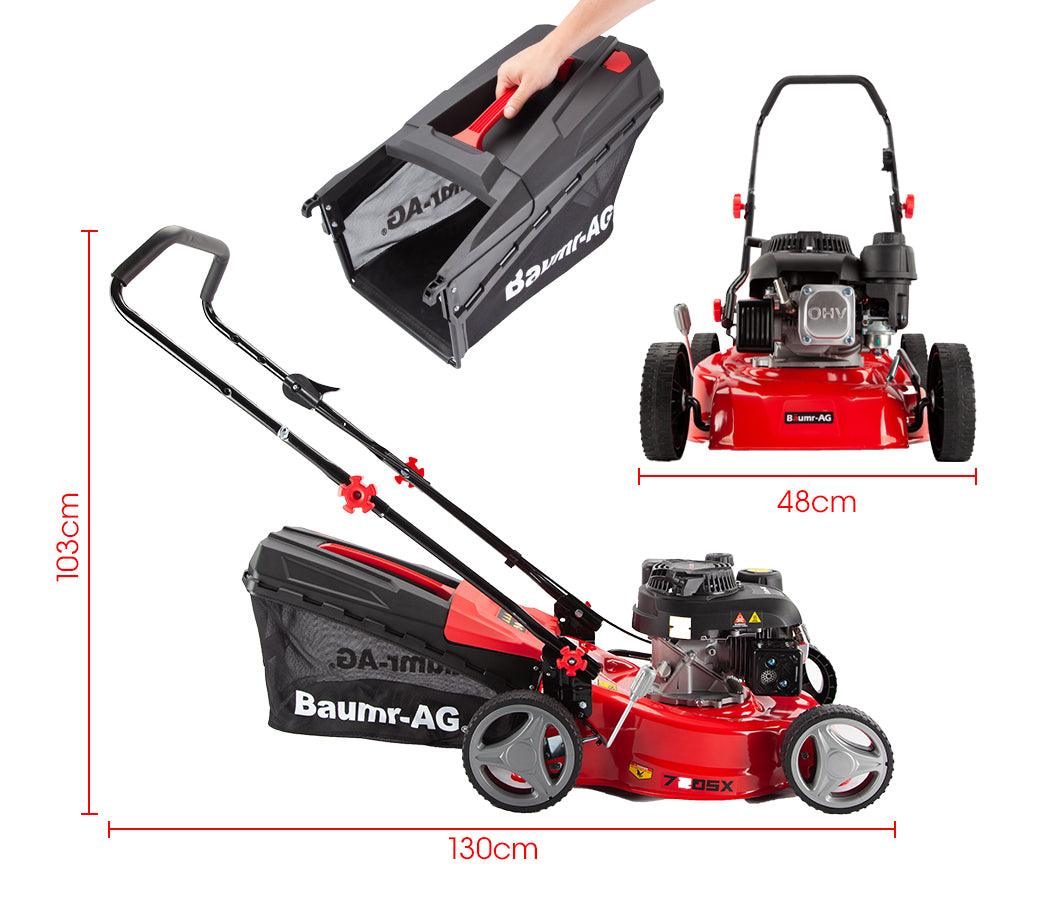 Buy Baumr-AG Lawn Mower 139CC 17 Petrol Push Lawnmower 4-Stroke Engine Catch discounted | Products On Sale Australia