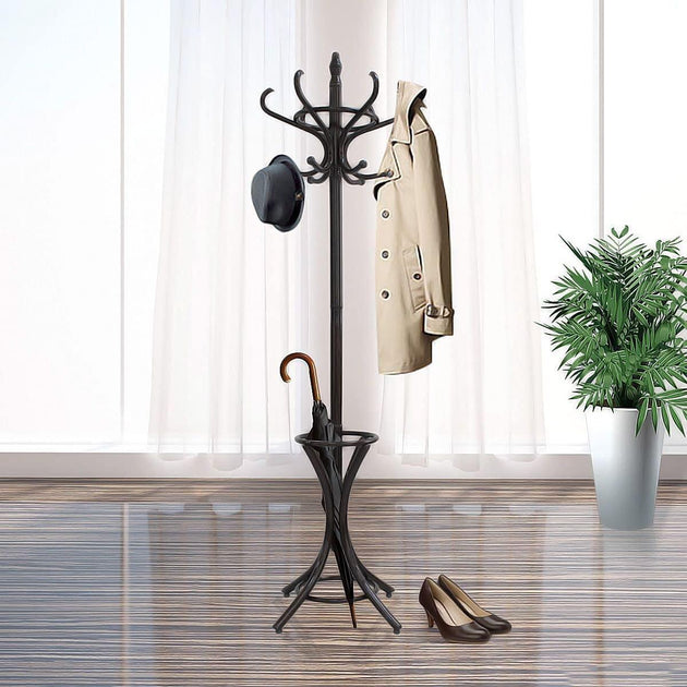 Brown Coat Rack with Stand Wooden Hat and 12 Hooks Hanger Walnut tree Products On Sale Australia | Furniture > Living Room Category