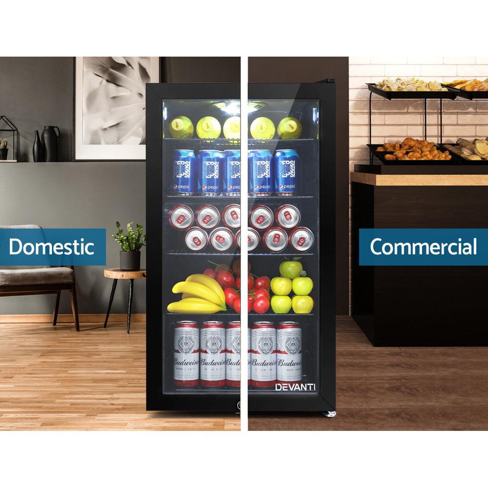 Buy Devanti 98L Bar Fridge Glass Door w/Light Black discounted | Products On Sale Australia