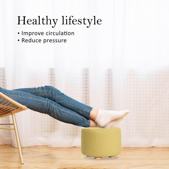 Buy Fabric Ottoman Round Wooden Leg Foot Stool - MUSTARD YELLOW discounted | Products On Sale Australia