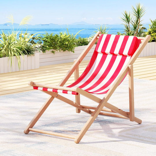 Buy Gardeon Outdoor Deck Chair Wooden Sun Lounge Folding Beach Patio Furniture Red discounted | Products On Sale Australia