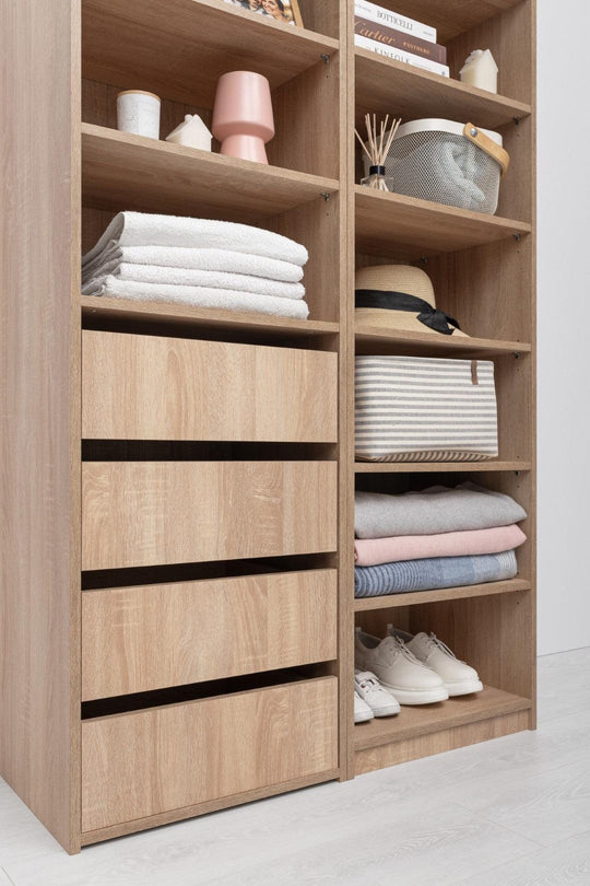 Buy GENEVA THREE SHELF/FOUR DRAWER BUILT IN WARDROBE - CLASSIC - NATURAL OAK discounted | Products On Sale Australia