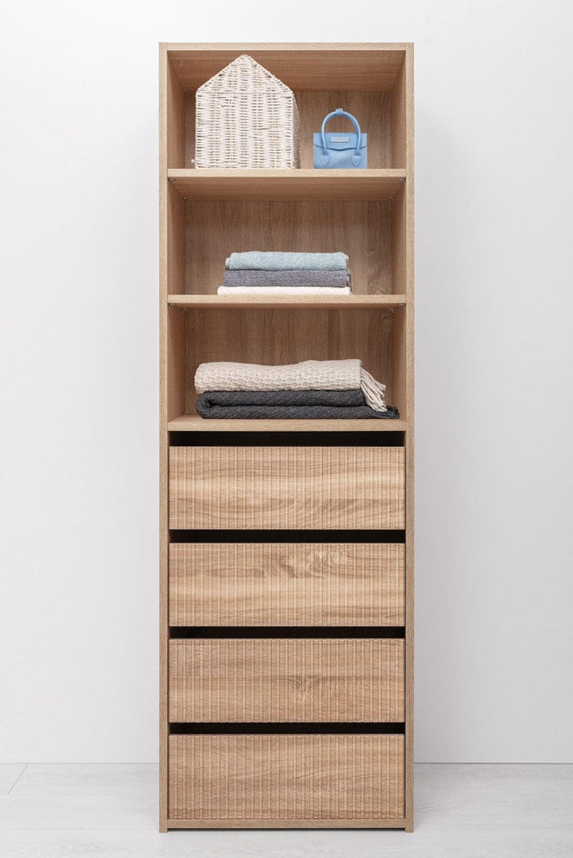 Buy GENEVA THREE SHELF/FOUR DRAWER BUILT IN WARDROBE - FLUTED - NATURAL OAK discounted | Products On Sale Australia