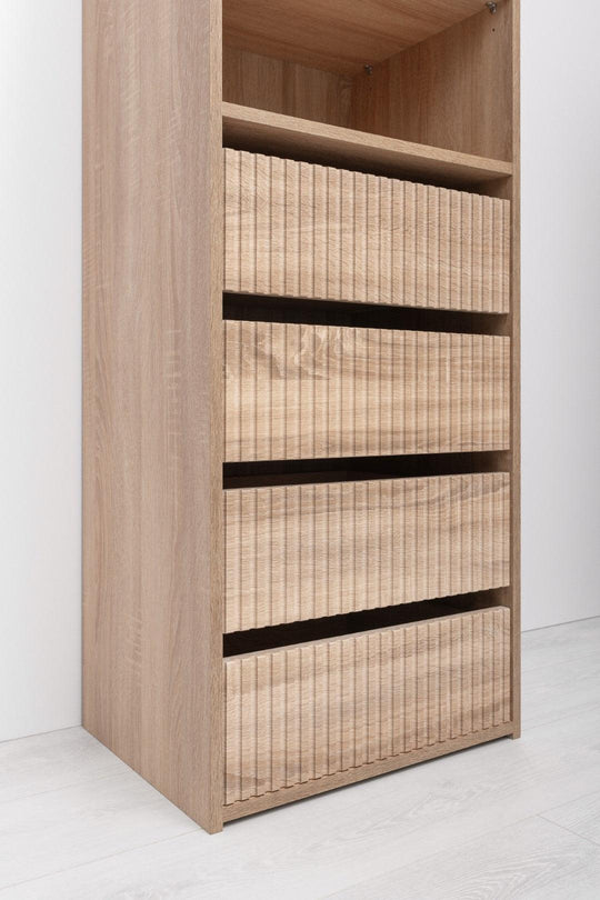 Buy GENEVA THREE SHELF/FOUR DRAWER BUILT IN WARDROBE - FLUTED - NATURAL OAK discounted | Products On Sale Australia