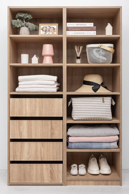 Buy GENEVA THREE SHELF/FOUR DRAWER BUILT IN WARDROBE - SLIM SHAKER - NATURAL OAK discounted | Products On Sale Australia