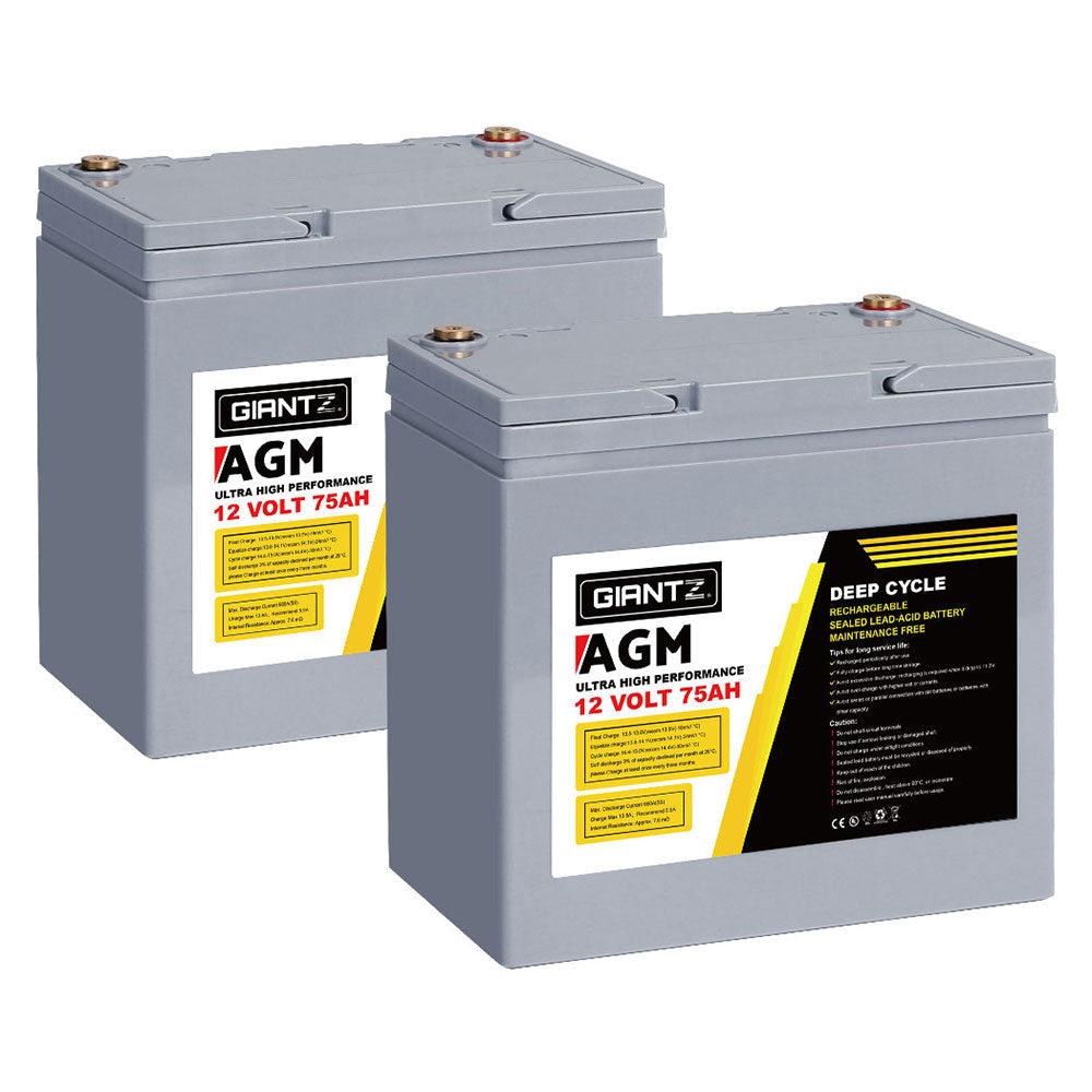 Buy Giantz AGM Deep Cycle Battery 12V 75Ah x2 Box Portable Solar Caravan Camping discounted | Products On Sale Australia