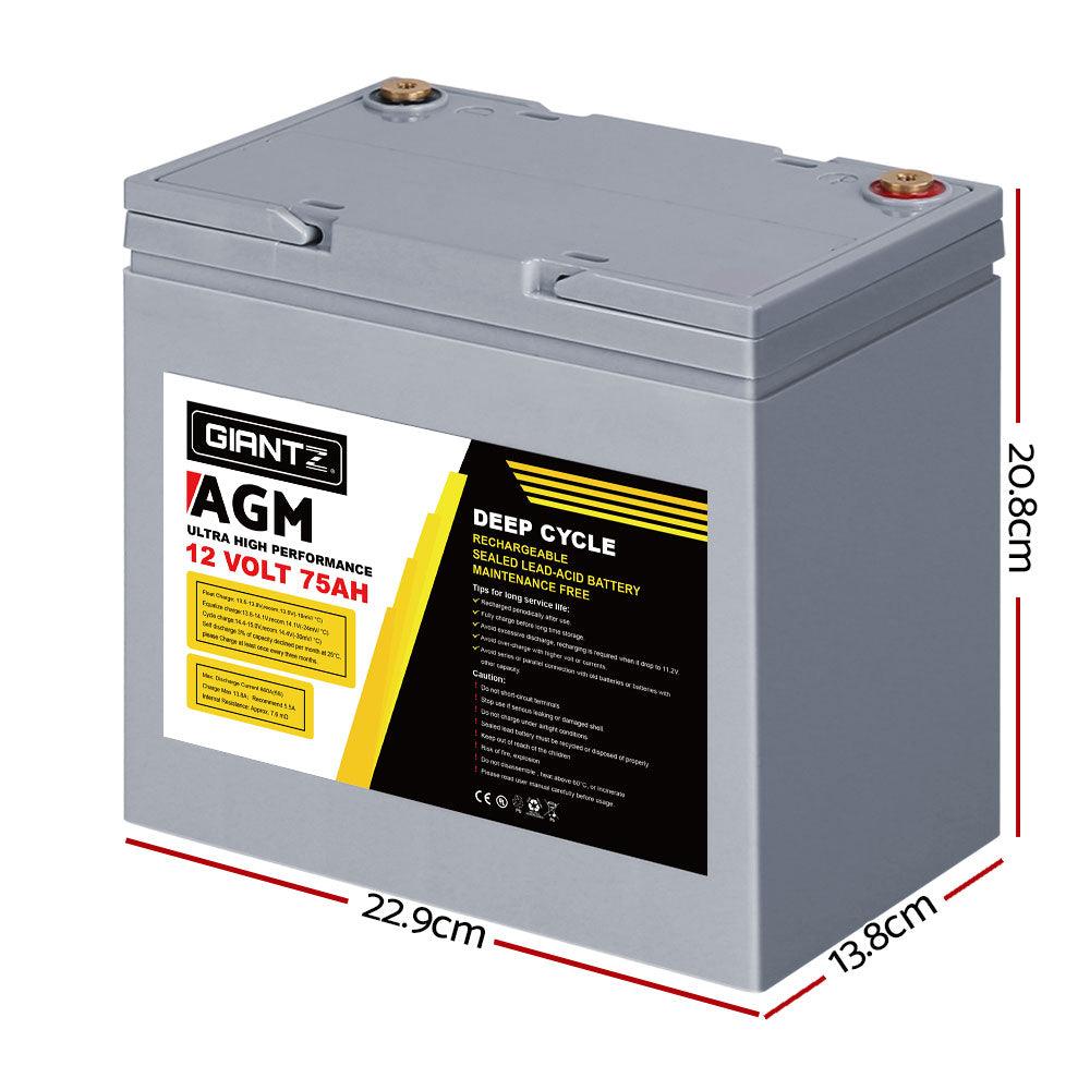 Buy Giantz AGM Deep Cycle Battery 12V 75Ah x2 Box Portable Solar Caravan Camping discounted | Products On Sale Australia