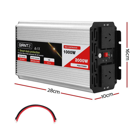 Buy Giantz Power Inverter 1000W or 2000W Pure Sine Wave 12V-240V Camping Boat Caravan discounted | Products On Sale Australia