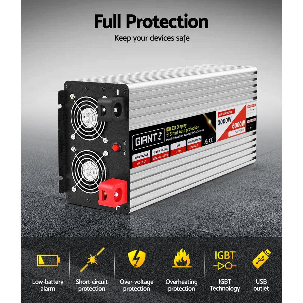 Buy Giantz Power Inverter 3000W or 6000W Pure Sine Wave 12V-240V Camping Boat Caravan discounted | Products On Sale Australia