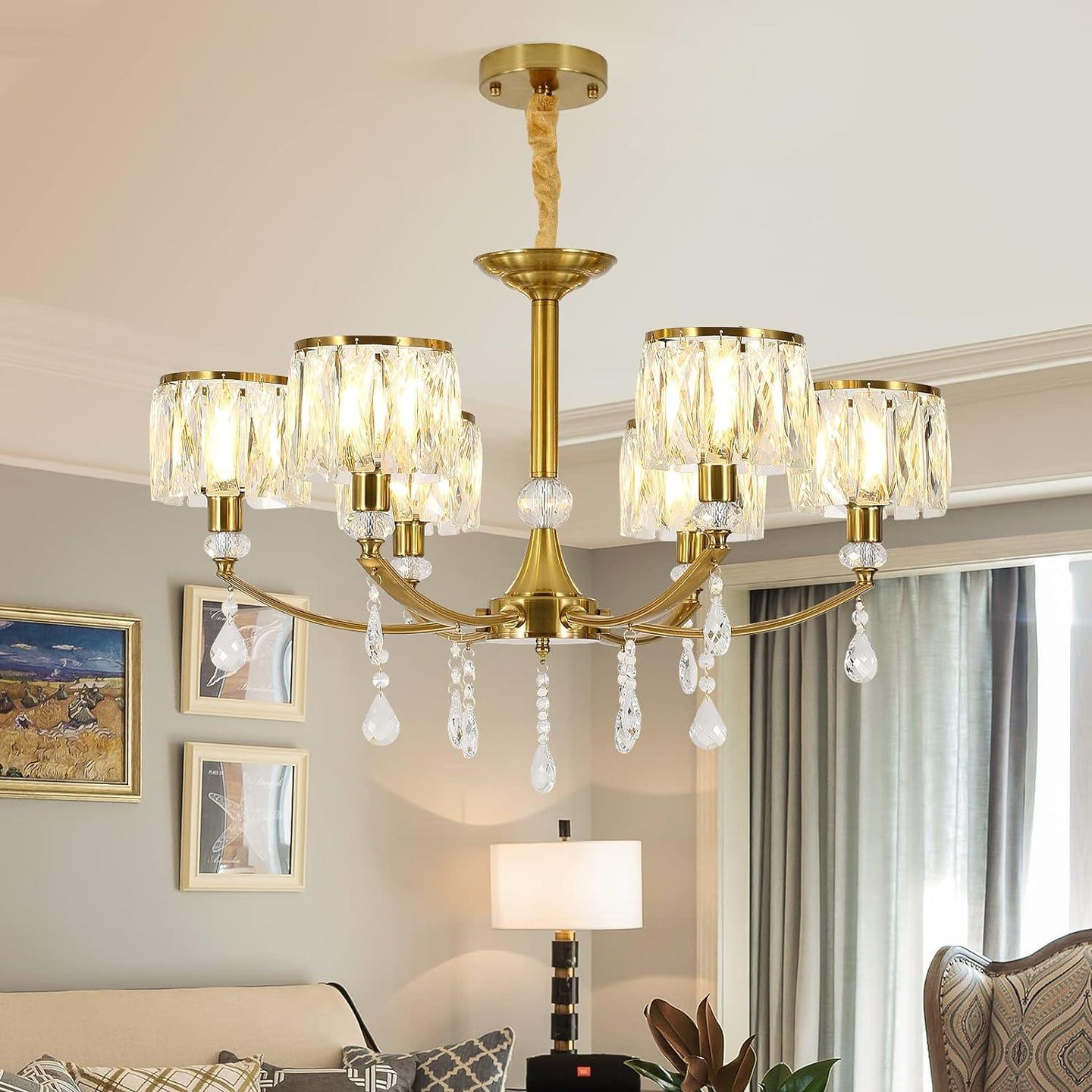 Buy Gold Chandelier, 6 Lights, Wagon Wheel Clear Crystal discounted | Products On Sale Australia