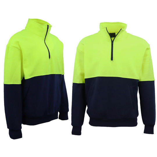 Buy Hi Vis Safety Fleecy Half Zip Pullover Jumper Jacket Sweater Shirts Workwear, Fluro Yellow / Navy, 2XL discounted | Products On Sale Australia