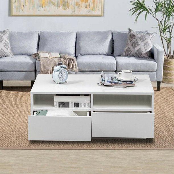 High Gloss White LED Coffee Table With 4 Drawers Products On Sale Australia | Furniture > Living Room Category