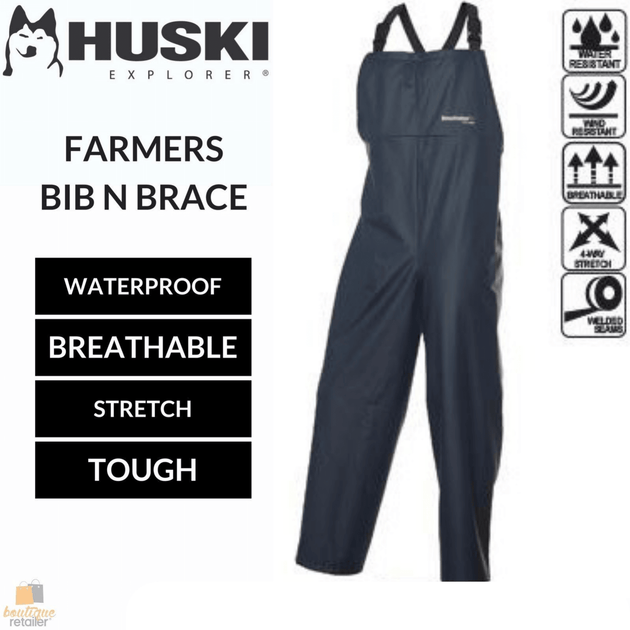 Buy HUSKI OVERALLS Farmers Bib N Brace Waterproof Stretch Windproof Work - Navy - 4XL discounted | Products On Sale Australia