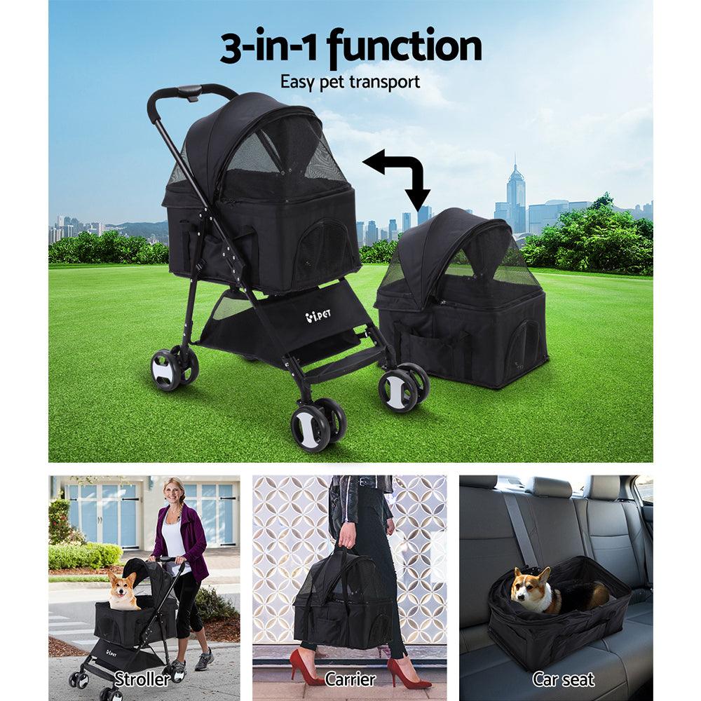 Buy i.Pet Pet Stroller Dog Pram Cat Carrier Travel Large Pushchair Foldable 4 Wheels Black discounted | Products On Sale Australia