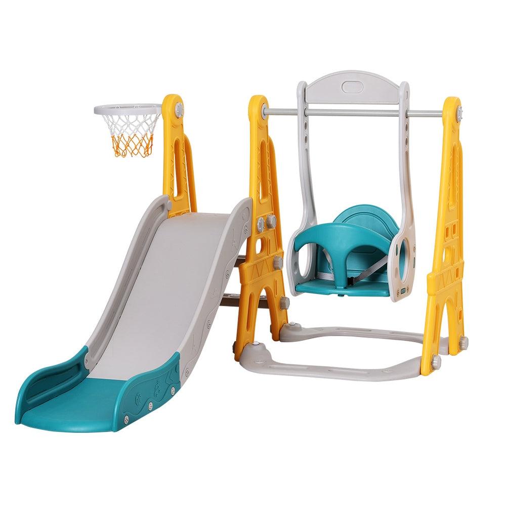 Buy Keezi Kids Slide Swing Set Basketball Outdoor Toys Adjustable Height 140cm Green discounted | Products On Sale Australia