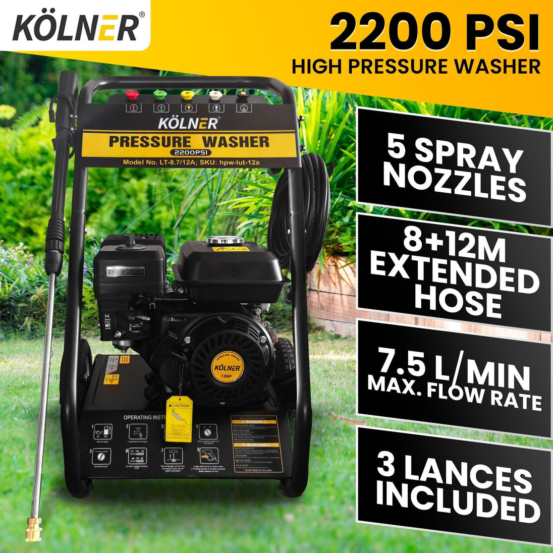 Buy Kolner Lt-12a 7hp 2200psi Petrol Engine High Pressure Washer 7.5lpm discounted | Products On Sale Australia