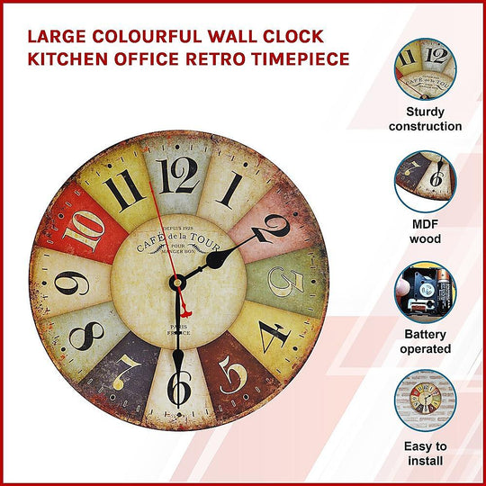 Buy Large Colourful Wall Clock Kitchen Office Retro Timepiece discounted | Products On Sale Australia