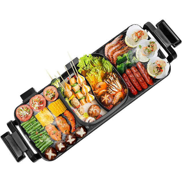 Buy Large Electric Grill Hot Pot Hotpot 2 In 1 Electric Barbecue Non-Stick Pan Grill/Korean BBQ/Shabu Shabu 2200W discounted | Products On Sale Australia