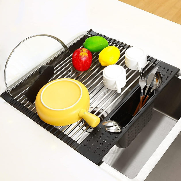 Buy Large Stainless Steel Roll Up Dish Drying Rack with Utensil Holder for Home Kitchen discounted | Products On Sale Australia