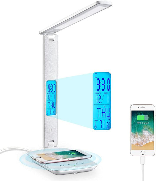 Buy LED Desk Lamp with Fast Wireless Charger Clock Alarm Date Temperature discounted | Products On Sale Australia