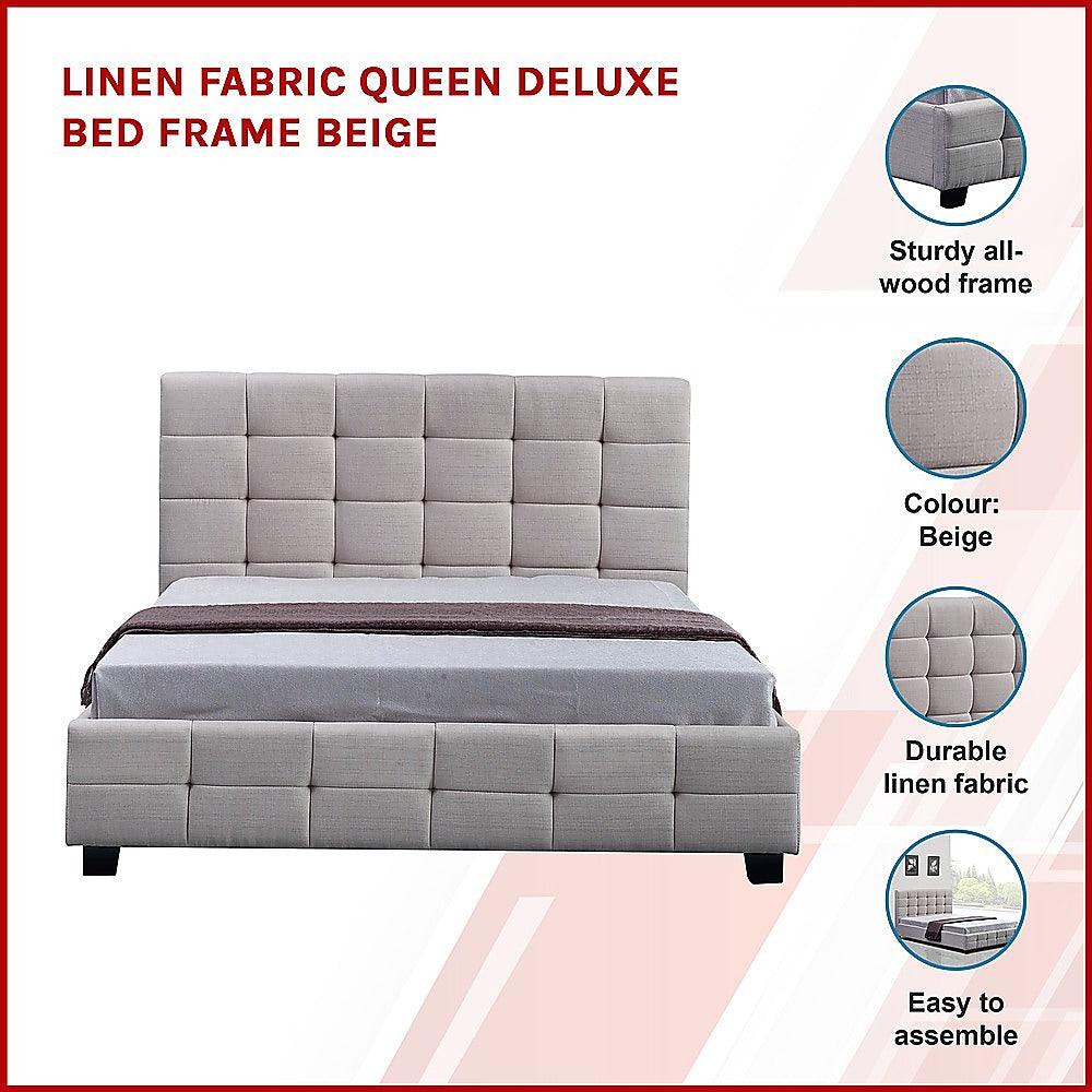 Buy Linen Fabric Queen Deluxe Bed Frame Beige discounted | Products On Sale Australia