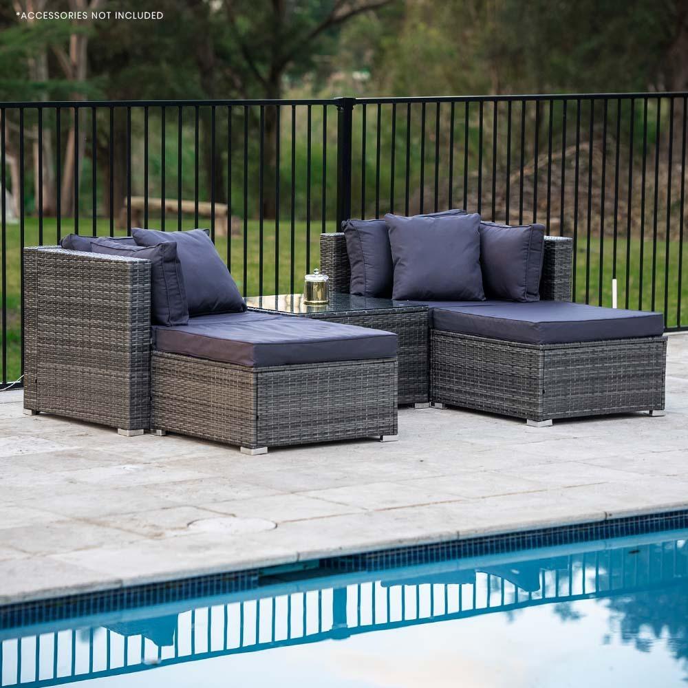 Buy LONDON RATTAN 4 Seater Modular Outdoor Lounge Setting with Coffee Table, Ottomans, Grey discounted | Products On Sale Australia