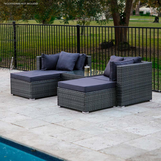 Buy LONDON RATTAN 4 Seater Modular Outdoor Lounge Setting with Coffee Table, Ottomans, Grey discounted | Products On Sale Australia