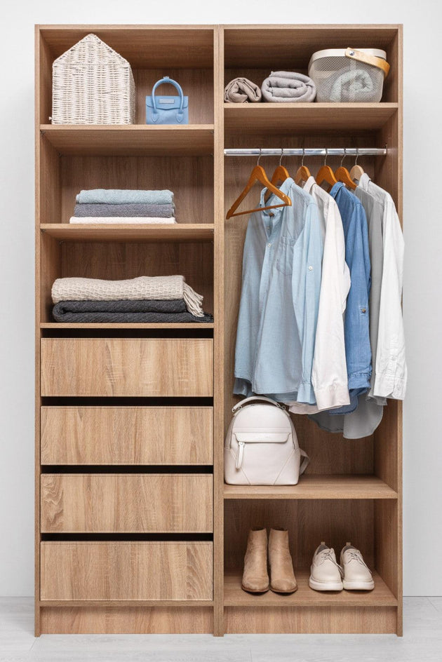 Buy MALMO THREE SHELF/FOUR DRAWER WALK IN WARDROBE - SLIM SHAKER - NATURAL OAK discounted | Products On Sale Australia