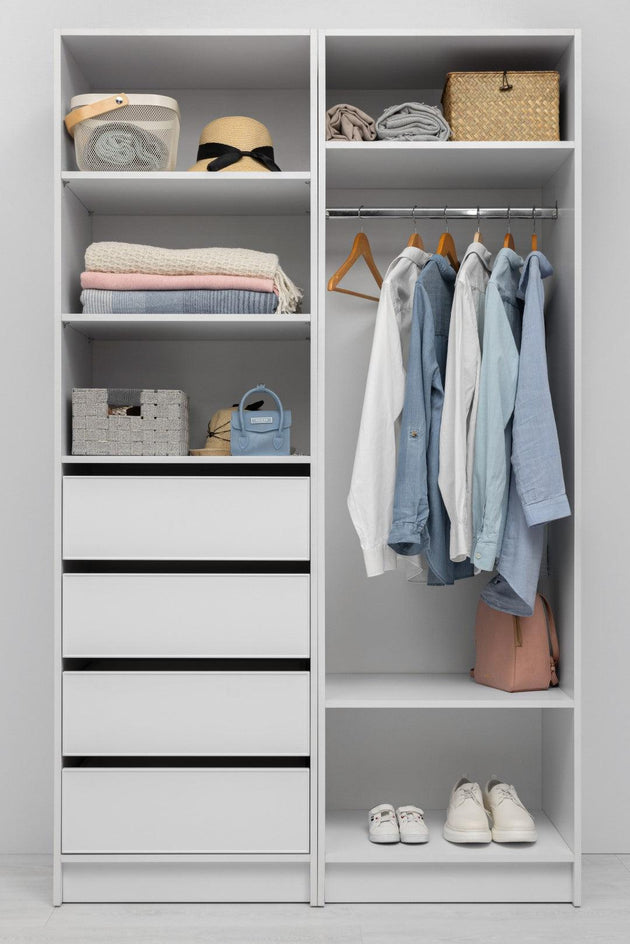 Buy MALMO THREE SHELF/FOUR DRAWER WALK IN WARDROBE - SLIM SHAKER - WHITE discounted | Products On Sale Australia