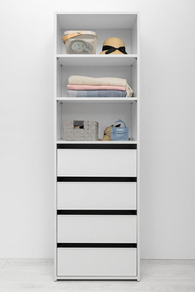 Buy MALMO THREE SHELF/FOUR DRAWER WALK IN WARDROBE - SLIM SHAKER - WHITE discounted | Products On Sale Australia