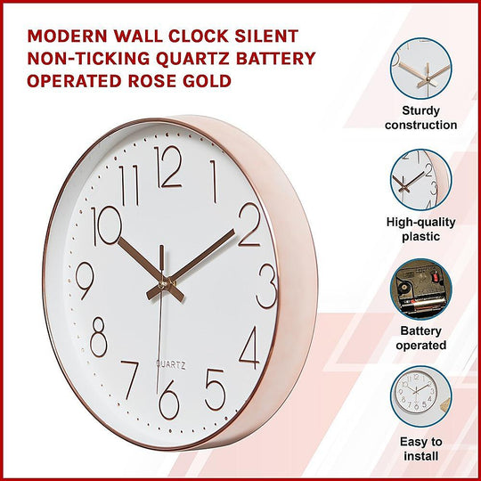 Buy Modern Wall Clock Silent Non-Ticking Quartz Battery Operated Rose Gold discounted | Products On Sale Australia