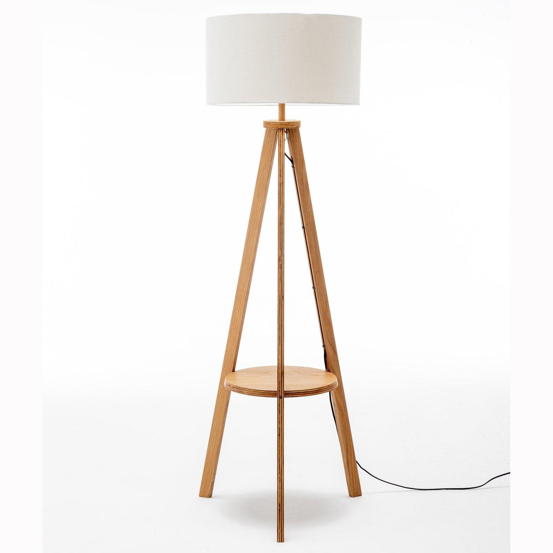 Buy Natural Wooden Tripod Floor Lamp w/ Round Wood Shelf + Off White Linen Shade discounted | Products On Sale Australia