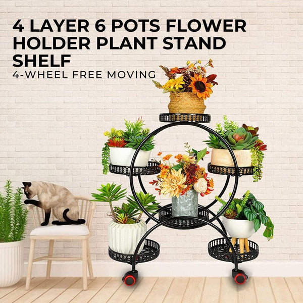 NOVEDEN 4 Layer 6 Pots Flower Holder Plant Stand Shelf with 4-Wheel (Black) NE-PSD-100-JZ Products On Sale Australia | Home & Garden > Garden Tools Category