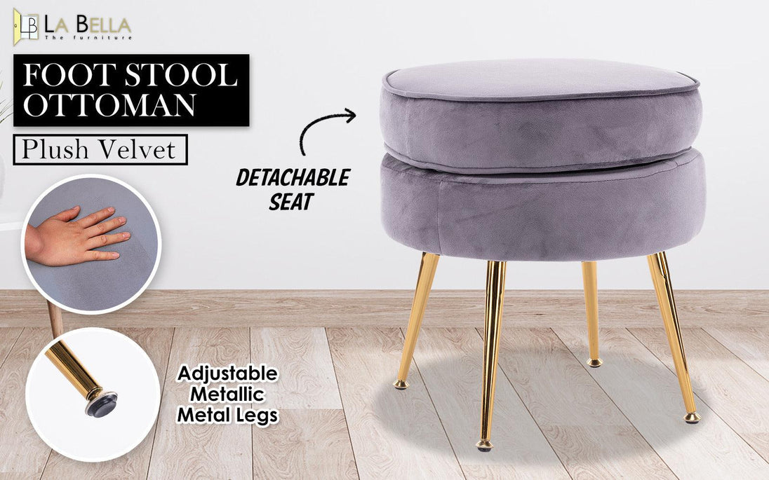 Buy Ottoman Foot Stool Velvet Fabric Metal Leg Round GREY discounted | Products On Sale Australia