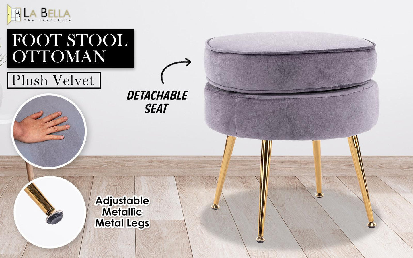 Buy Ottoman Foot Stool Velvet Fabric Metal Leg Round GREY discounted | Products On Sale Australia