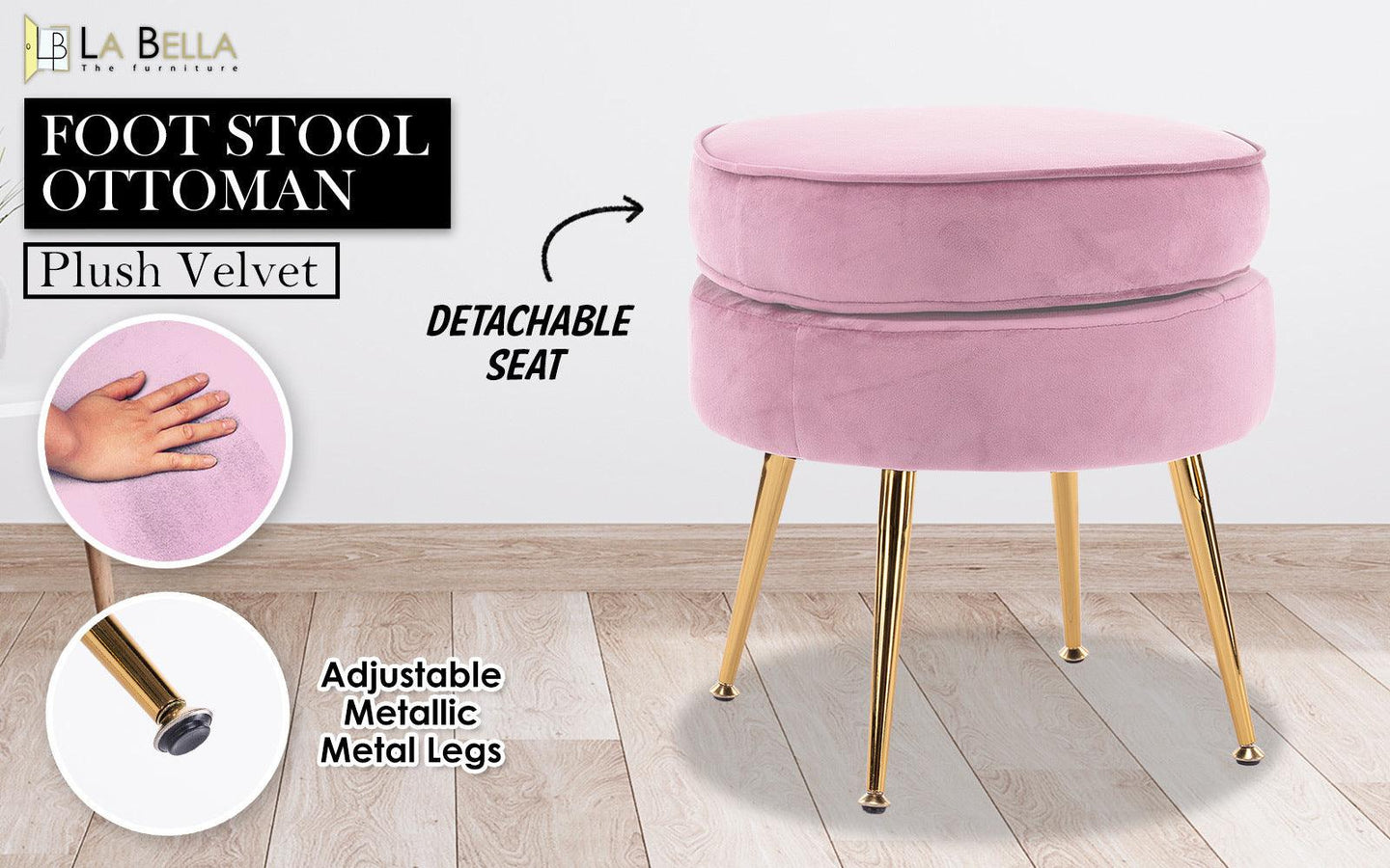 Buy Ottoman Foot Stool Velvet Fabric Metal Leg Round PINK discounted | Products On Sale Australia