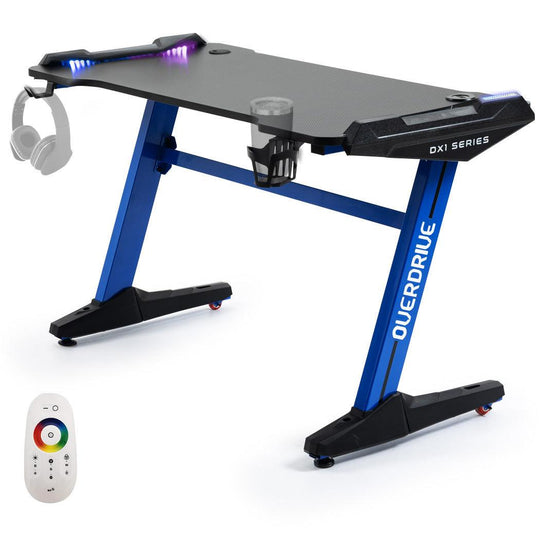 Buy OVERDRIVE Gaming Desk, 120x60cm, Carbon Fiber Styling, LED Lights, Headset Hanger, Cup Holder, Cable Management, Blue discounted | Products On Sale Australia