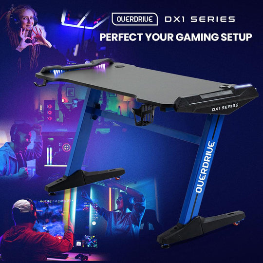 Buy OVERDRIVE Gaming Desk, 120x60cm, Carbon Fiber Styling, LED Lights, Headset Hanger, Cup Holder, Cable Management, Blue discounted | Products On Sale Australia