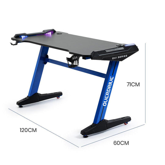 Buy OVERDRIVE Gaming Desk, 120x60cm, Carbon Fiber Styling, LED Lights, Headset Hanger, Cup Holder, Cable Management, Blue discounted | Products On Sale Australia