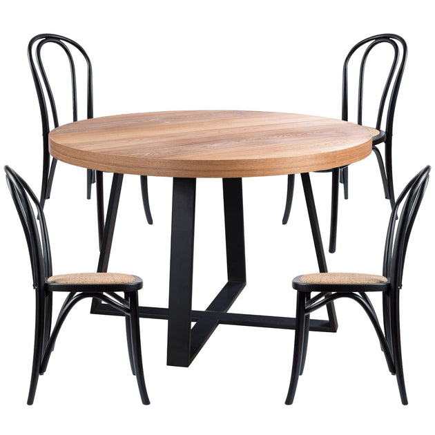 Petunia 5pc 120cm Round Dining Table Set 4 Arched Back Chair Elm Timber Wood Products On Sale Australia | Furniture > Dining Category