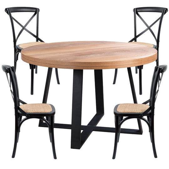 Buy Petunia 5pc 120cm Round Dining Table Set 4 Cross Back Chair Elm Timber Wood discounted | Products On Sale Australia