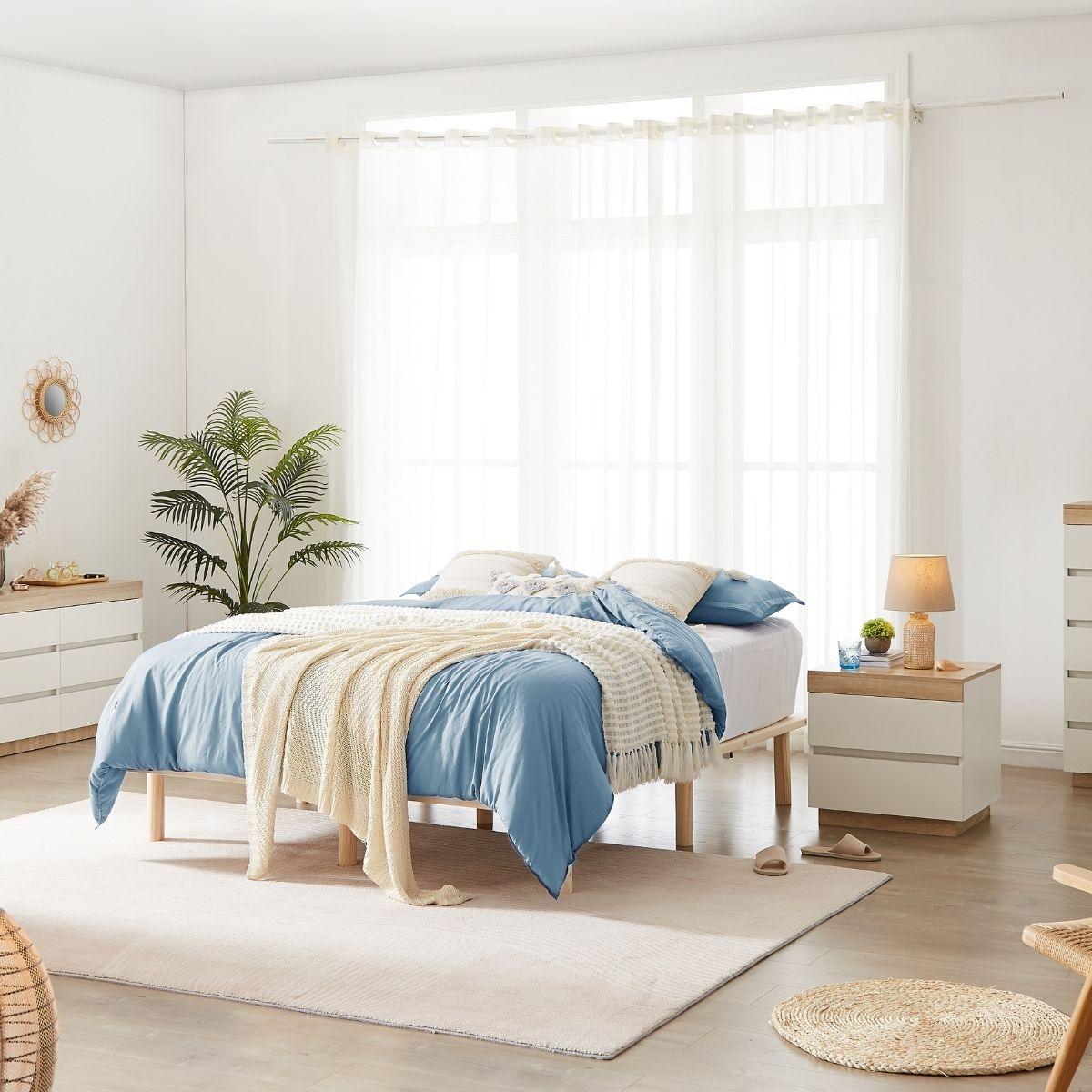 Buy Platform Bed Base Frame Wooden Natural Queen Pinewood discounted | Products On Sale Australia